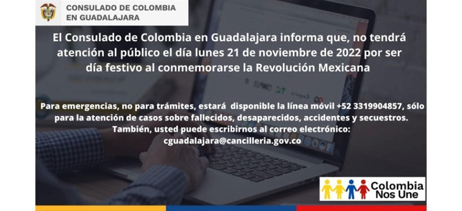 Consulado de Colombia en Guadalajara no tendrá atención al público este lunes 21 de noviembre
